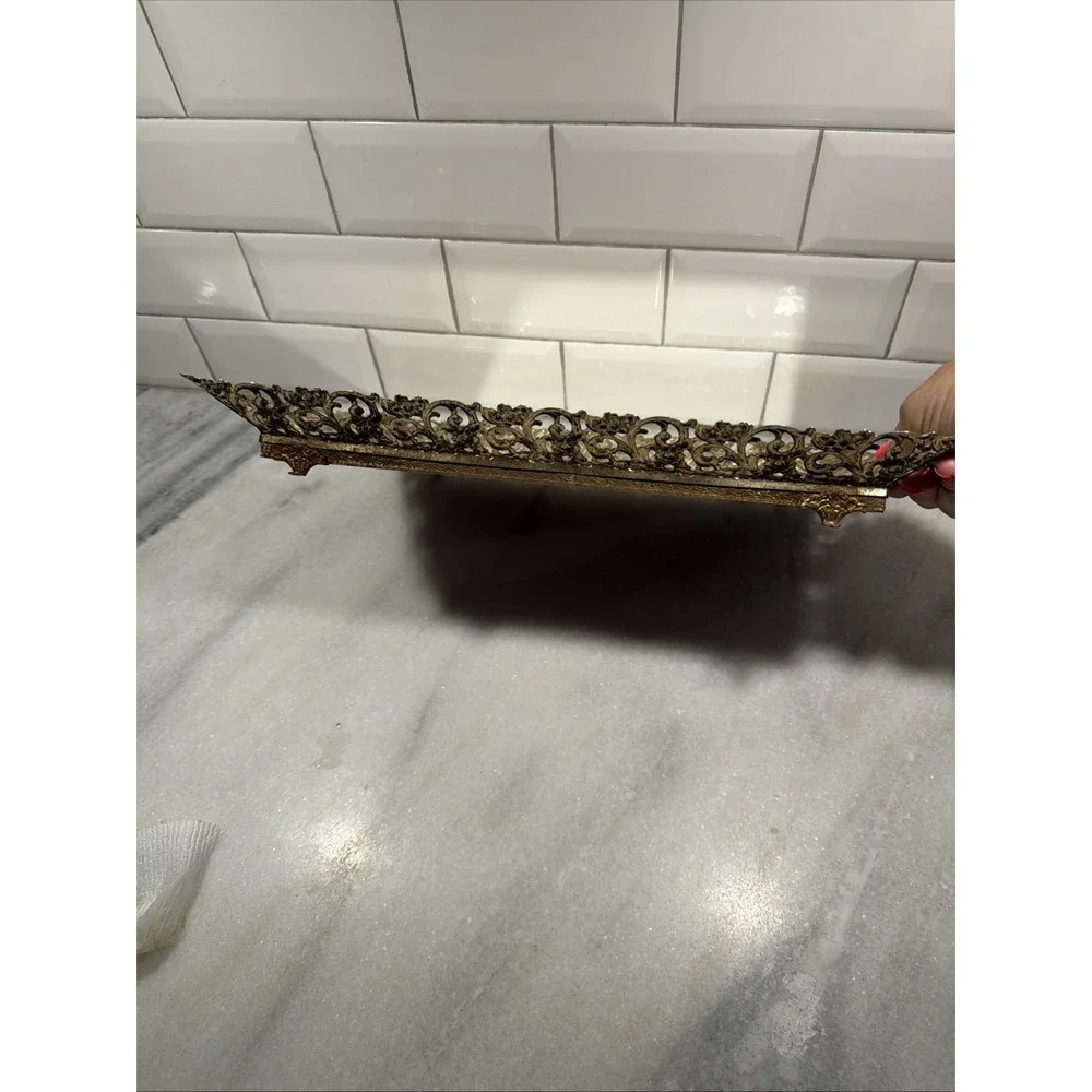 VTG Filigree Metal Gold Tone Footed Hollywood Regency Vanity Tray Mirror A002